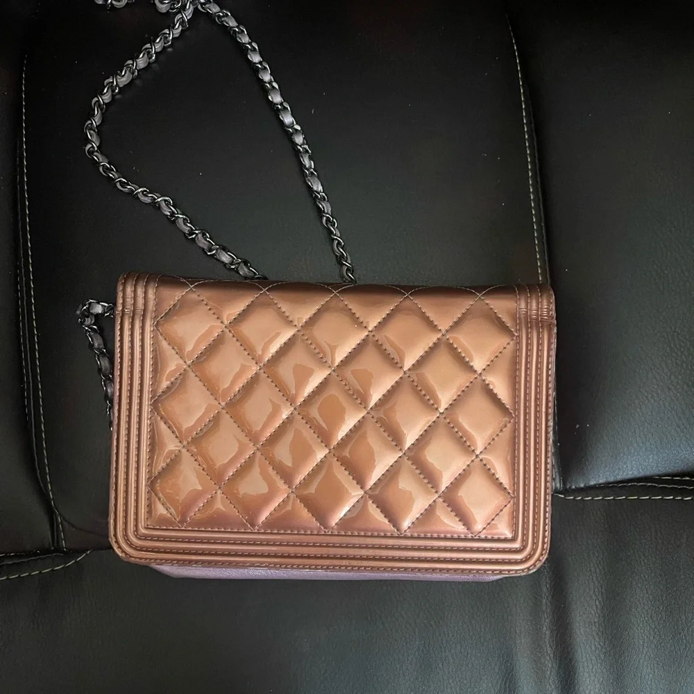Chanel patent leather pink wallet on chain bag